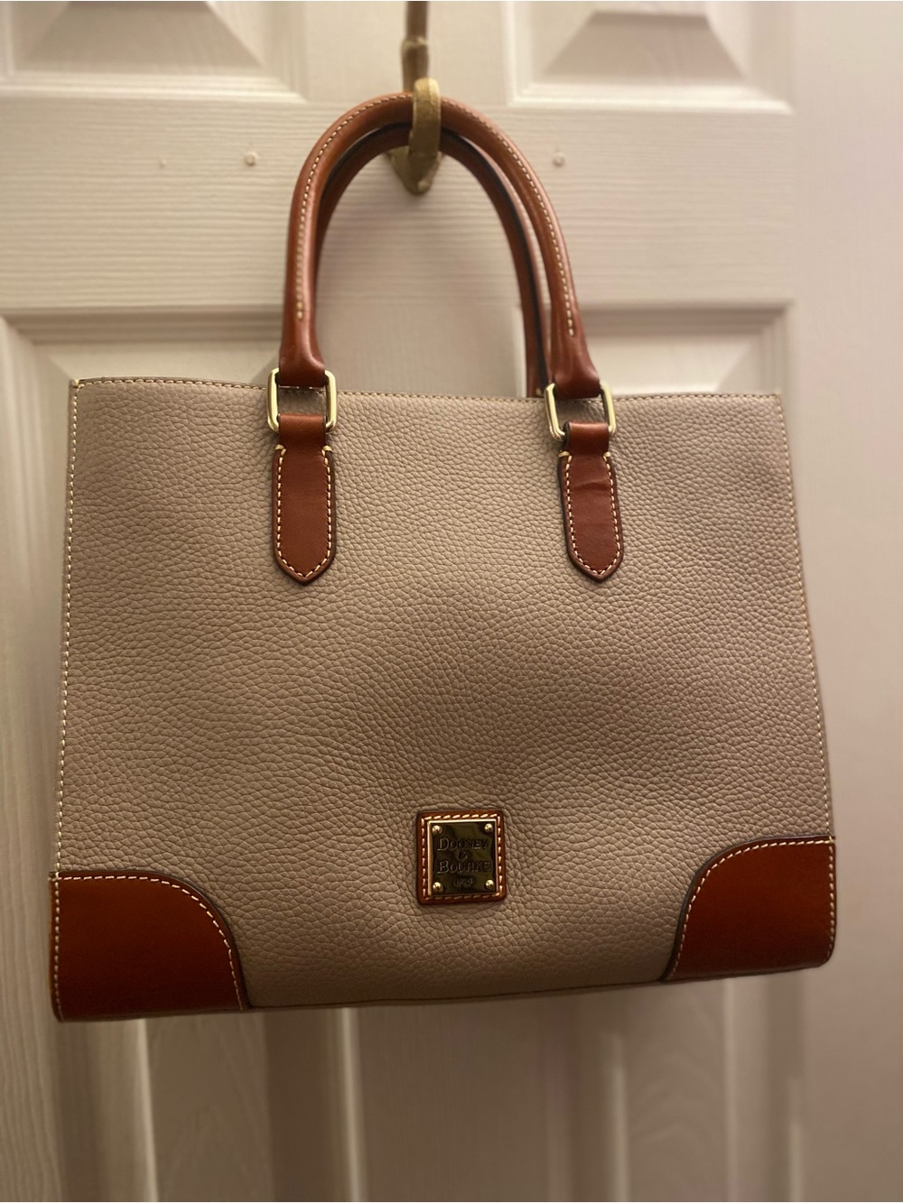 Dooney & Bourke Large Janine 35 Pebbled Leather Satchel in Taupe with Brown Trim